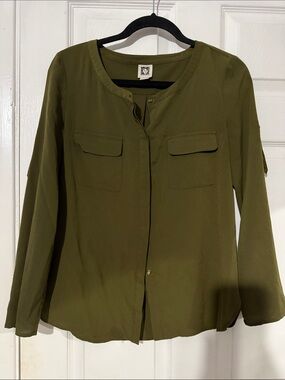 Anne Klein Olive Green Long Sleeve Pocket Blouse